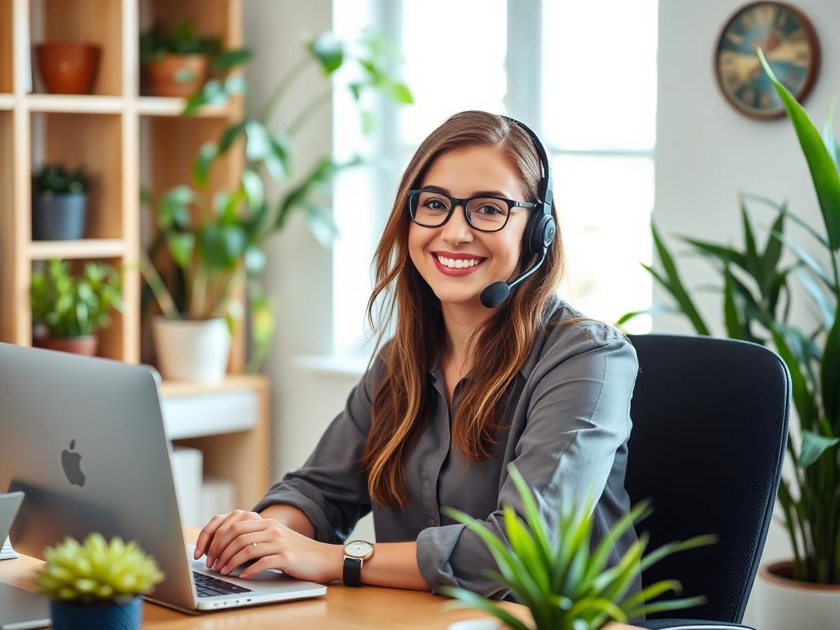 A friendly support coordinator on a phone call in a warm, plant-filled office